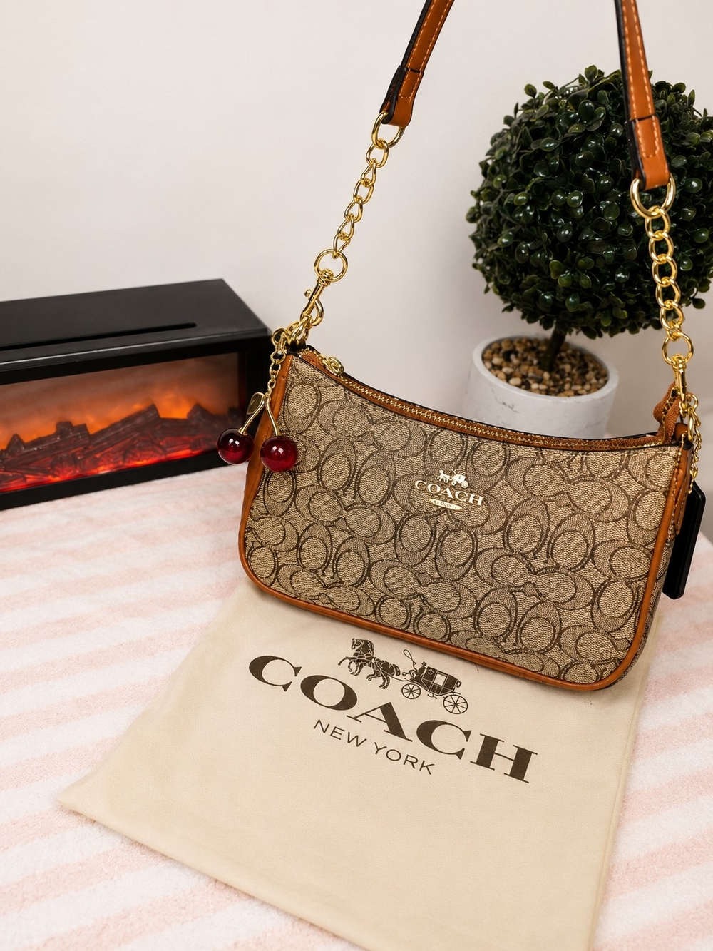 Coach Brown Signature Canvas Shoulder Bag with Cherry Charm